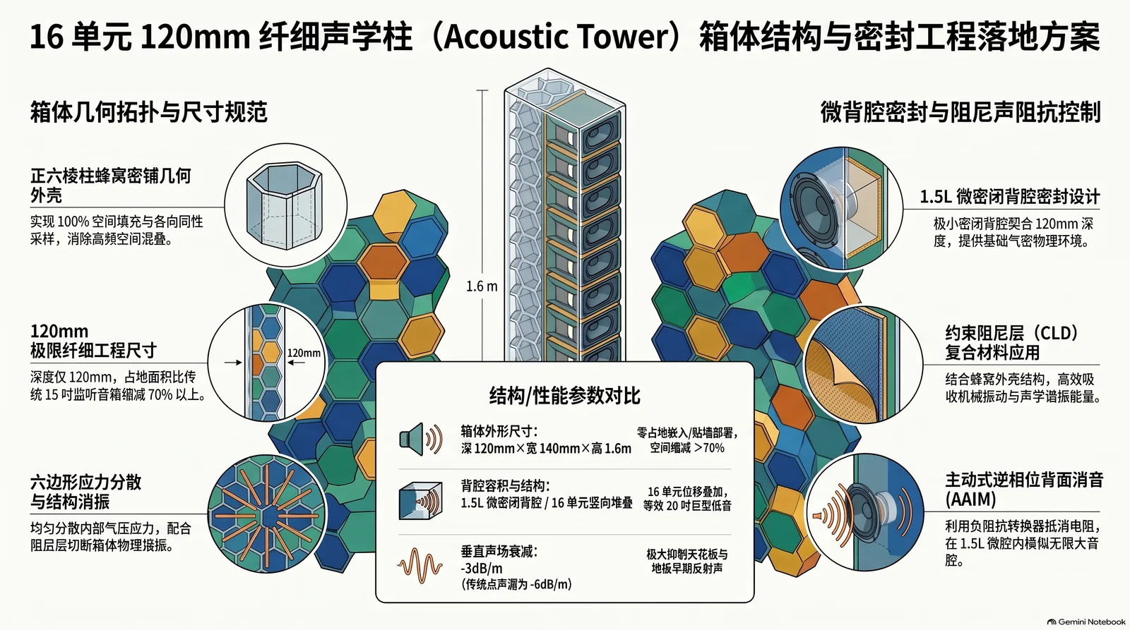 16 单元 120mm 纤细声学柱箱体结构与密封工程落地方案图解