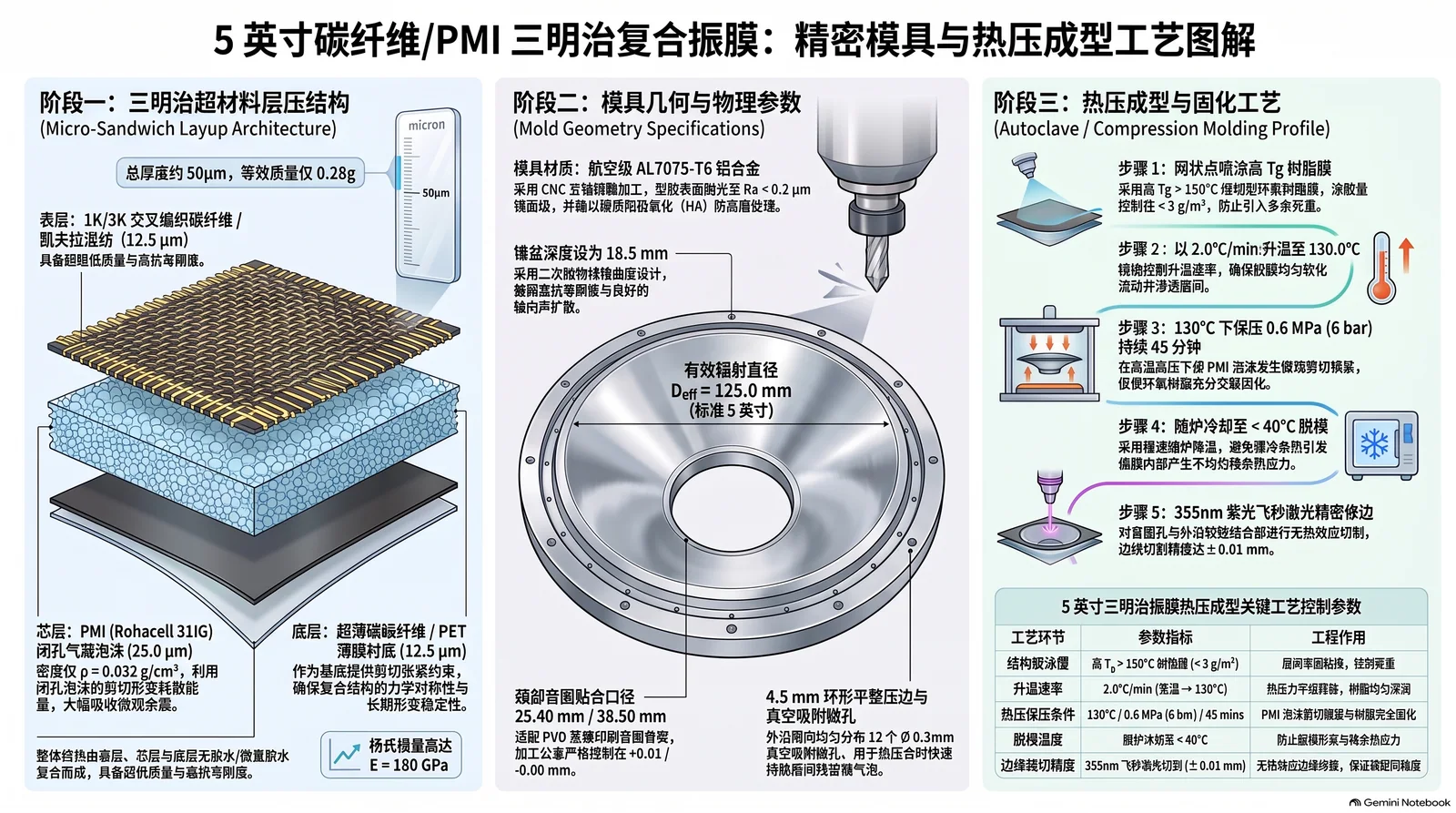 5 英寸碳纤维 / PMI 三明治复合振膜精密模具体与热压成型工艺图解