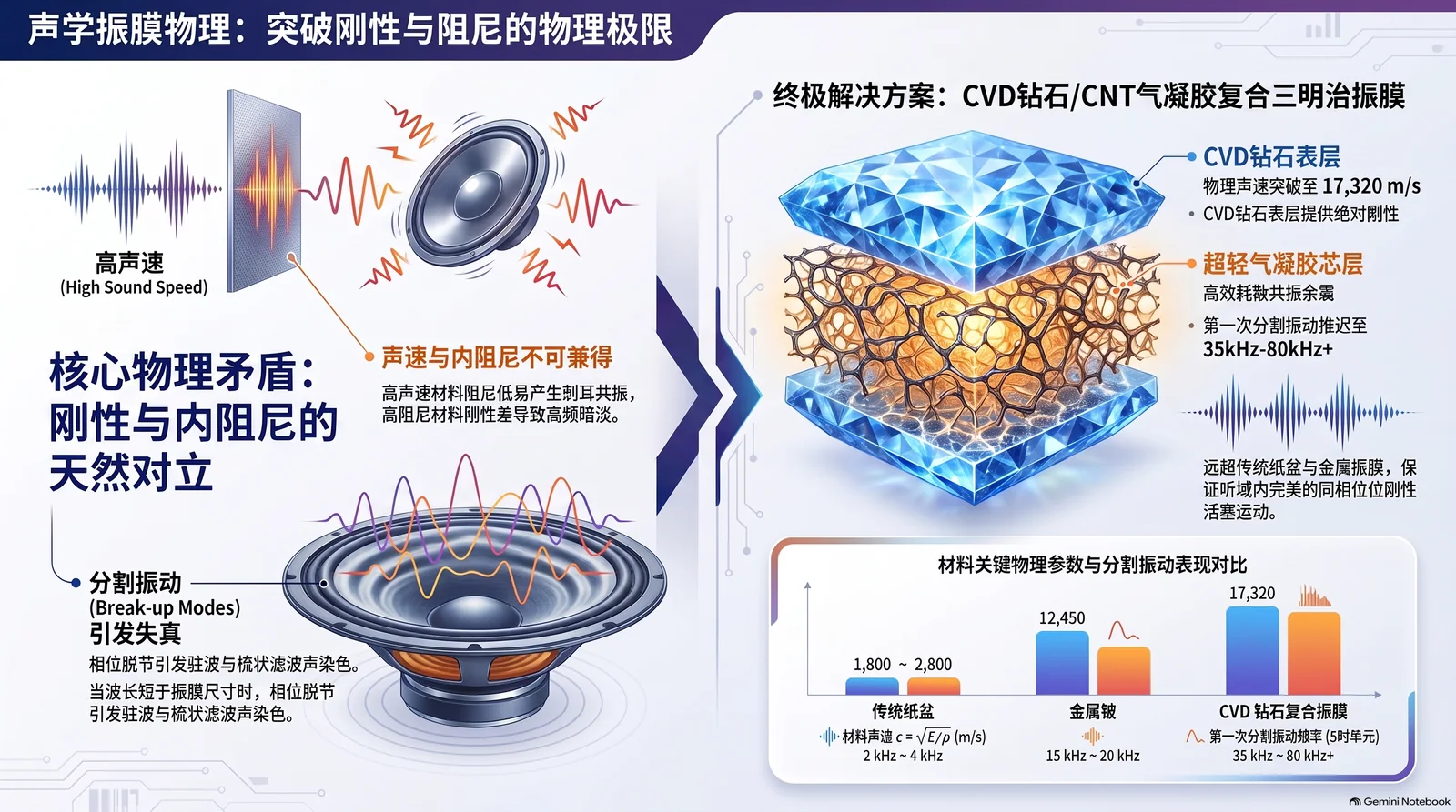声学振膜物理图解：刚性与内阻尼的天然对立，以及 CVD 钻石 / CNT 气囊胶复合超材料的解法
